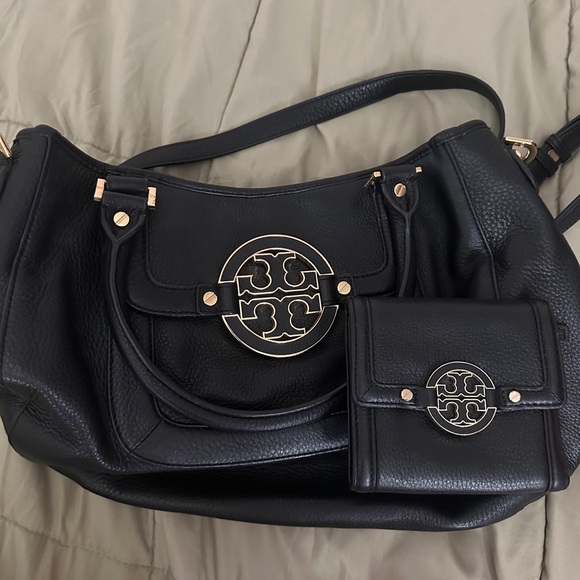 Tory Burch Black Leather Shoulder Bag with Gold Accents